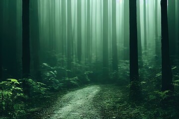 Obraz premium Smokey lane in the forest, blue and grey colors. Dark scary path. Misty fog with sunbeams breaking through. AI generated art.