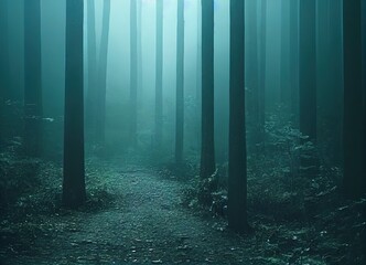Fototapeta premium Smokey lane in the forest, blue and grey colors. Dark scary path. Misty fog with sunbeams breaking through. AI generated art.