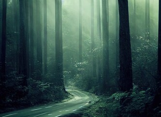Fototapeta premium Smokey lane in the forest, blue and grey colors. Dark scary path. Misty fog with sunbeams breaking through. AI generated art.