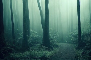 Fototapeta premium Smokey lane in the forest, blue and grey colors. Dark scary path. Misty fog with sunbeams breaking through. AI generated art.