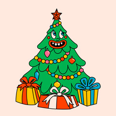 Merry Christmas and Happy New year trendy retro cartoon characters. Groovy hippie Christmas tree. Vector Cartoon characters and elements.