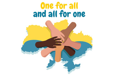 I Support Ukraine poster isolated concept background. People hands hold and protect Ukraine yellow and blue colors map. Stop the war together. Illustration in flat cartoon design.