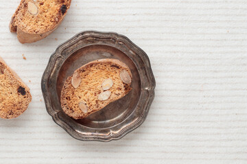 Food Background Freshly Baked Italian Cookies Biscotti or Cantuccini Beige Background Top View Pattern