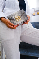 Cropped photo of woman hands holding natural python trendy purse