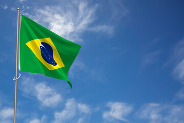 Federative Republic of Brazil Flag over Blue Sky Background. 3D Illustration