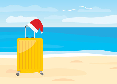 spending christmas, New Years Eve on the tropical beach, Santa hat on suitcase, winter holiday - vector illustration