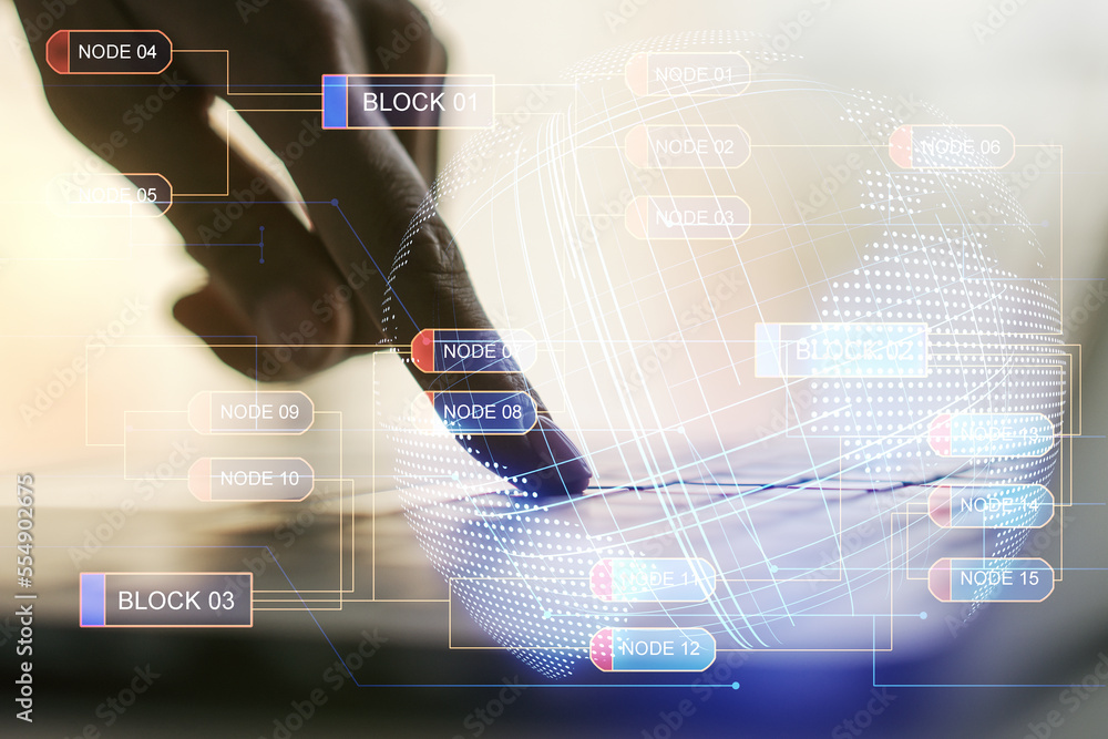 Poster double exposure of abstract creative programming illustration with world map and hand typing on lapt