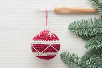 Beautiful cute crocheted christmas balls for decoration Horizontal Banner with copyspace