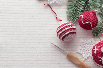 Beautiful cute crocheted christmas balls for decoration Horizontal Banner with copyspace