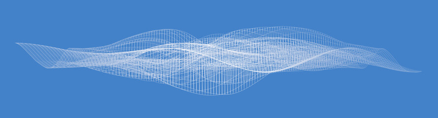 Abstract white wireframe sound waves, visualization of frequency signals audio wavelengths, futuristic technology waveform blue background rendering with copy space for text