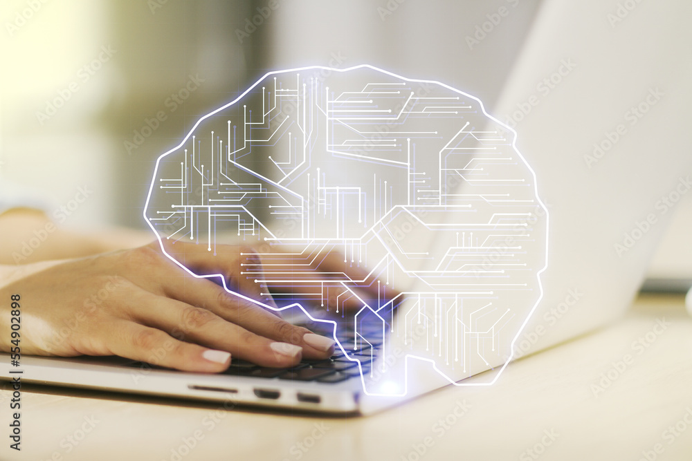 Poster double exposure of creative human brain microcircuit with hand typing on computer keyboard on backgr