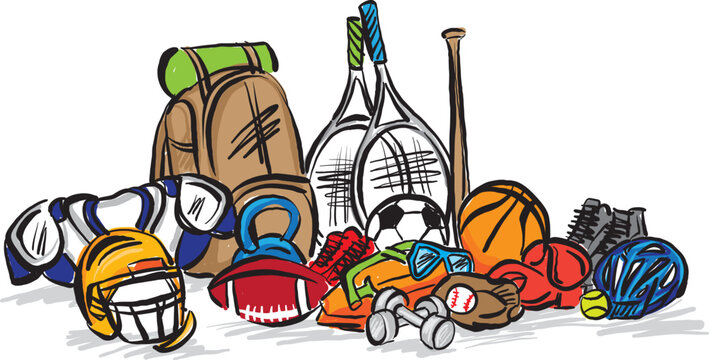 sports equipement ball helmet bat glove racket protection bag shoes vector illustration