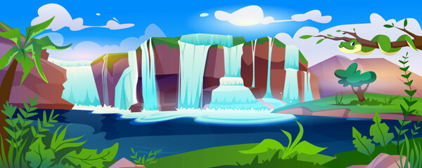Jungle forest cartoon landscape with waterfall cascade. Tropical natural scenery of wild park with lake, palm tree, green fern leaves and boa on branches. River stream flowing from stones to creek.