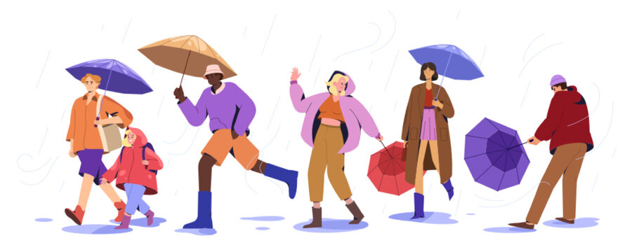 Flat People With Umbrellas And Raincoats Walking In Puddles At Rainy Weather. Stylish Characters And Happy Child Under Stormy Rain In Autumn Windy Day, Monsoon Season With Rainfall In City Street.