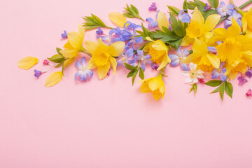 Obraz na płótnie Canvas spring flowers on pink papper background