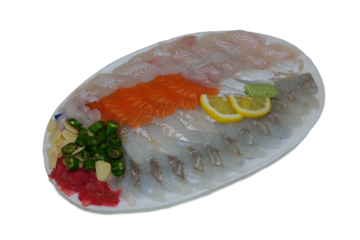 Several types of sashimi are served on round Styrofoam plates.