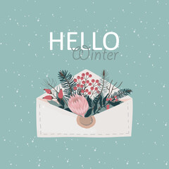 Postcard with postal envelope. Hello winter griting card. Vector botanical illustration