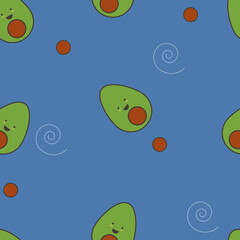 vector seamless pattern of avocado with a cute smile in blue colors