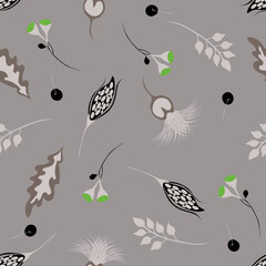 Stylish vector abstract floral seamless pattern in scandinavian style. Modern doodle painting. Texture with berries, autumn fruits,flowers, organic shapes on a gray background with bright green
