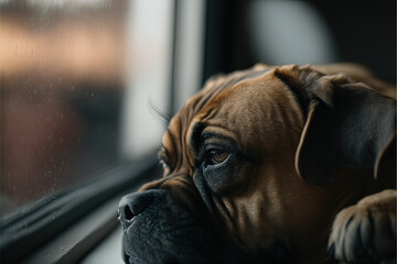 Sad dog looking out of the window waiting for his owner to come come Created by Generative AI
