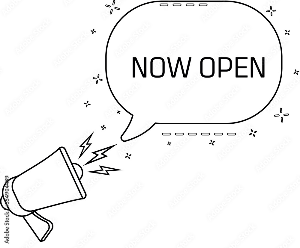 Poster now open megaphone and colorful yellow speech bubble with quote. blog management, blogging and writi