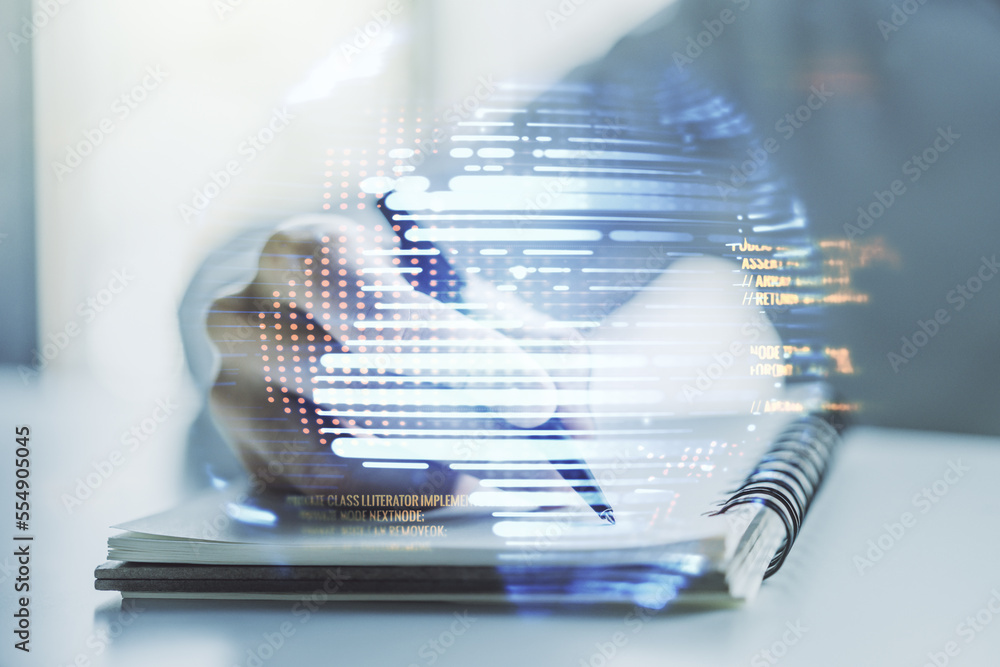 Aufkleber double exposure of abstract creative programming illustration with world map and man hand writing in