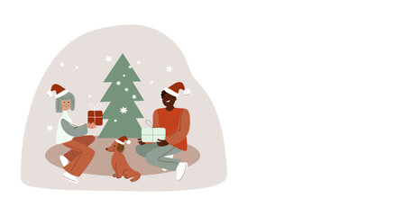 Young woman and a man give each other gifts, family couple Xmas eve. Boxing day. New year celebration, concept banner, poster modern flat vector illustration