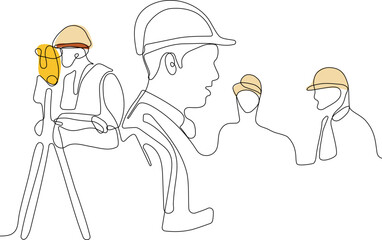 Close up of young Caucasian worker with helmet on head using tablet for work while standing in warehouse. Surveyor with a tripod icon. Geodesic tripod. Vector illustration