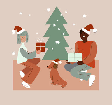 Young woman and a man give each other gifts, family couple Xmas eve. Boxing day. New year celebration, concept banner, poster modern flat vector illustration