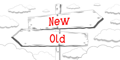Old and new - outline signpost with two arrows