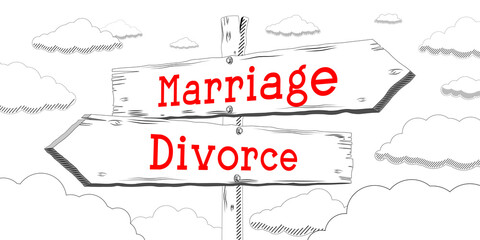Obraz premium Marriage, divorce - outline signpost with two arrows