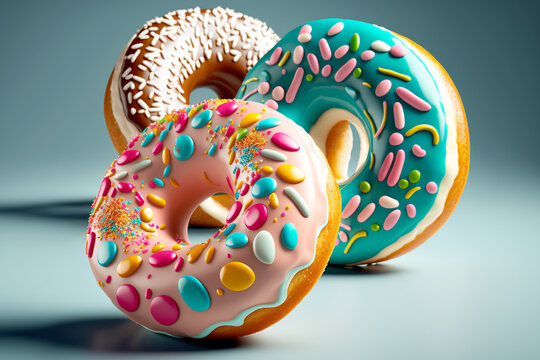 Donuts are delicious bakery desserts colorful, appetizing decorations, soft texture, a dessert that can be eaten in the morning as well. Most people like to eat a lot of donuts render 3d generative Ai