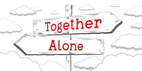 Together or alone - outline signpost with two arrows