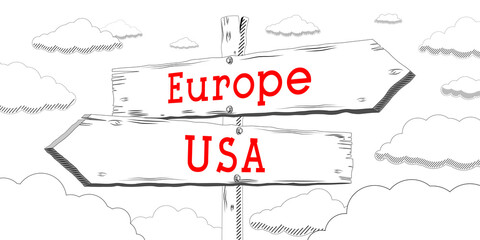 USA and Europe - outline signpost with two arrows