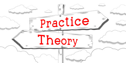 Theory and practice - outline signpost with two arrows