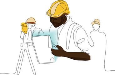 Close up of young Caucasian worker with helmet on head using tablet for work while standing in warehouse. Surveyor with a tripod icon. Geodesic tripod. Vector illustration