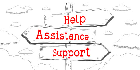 Obraz premium Help, assistance, support - outline signpost with three arrows