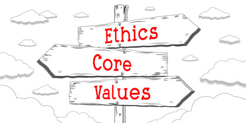 Ethics, core values - outline signpost with three arrows