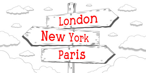 London, New York, Paris - outline signpost with three arrows