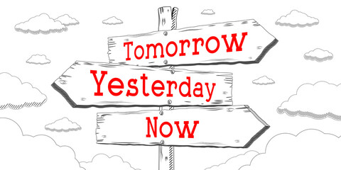 Tomorrow, yesterday, now - outline signpost with three arrows