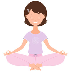 Young woman practicing yoga in lotus pose. Cheerful Yoga Girl mediteiting.