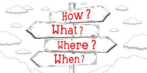 How, what, where, when - outline signpost with four arrows