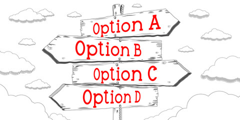 Options A, B, C, D - outline signpost with four arrows