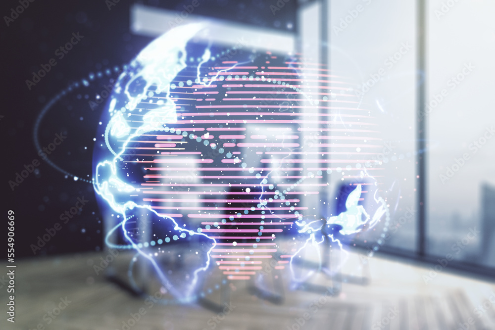Fototapete double exposure of abstract digital world map with connections and modern desk with computer on back