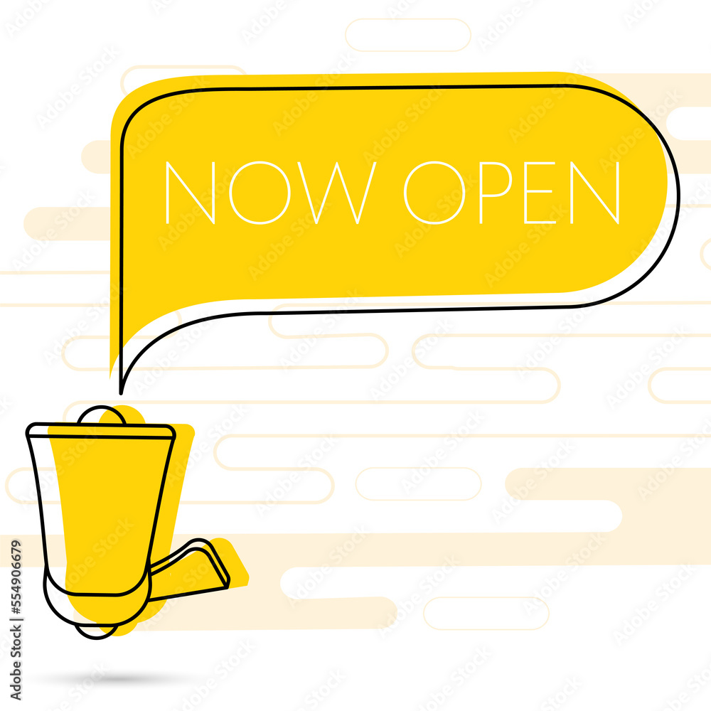 Poster now open. megaphone and colorful yellow speech bubble with quote. blog management, blogging and writ