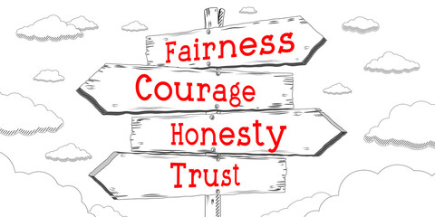 Fairness, courage, honesty, trust - outline signpost with four arrows