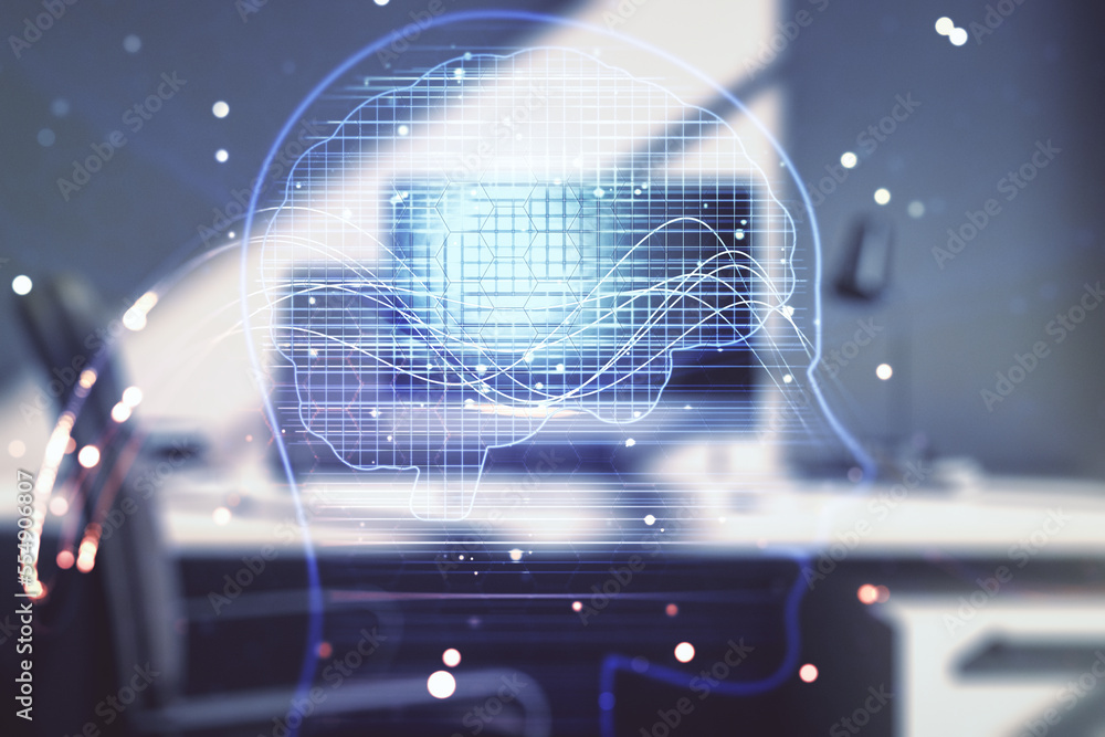 Poster double exposure of creative artificial intelligence symbol and modern desktop with laptop on backgro