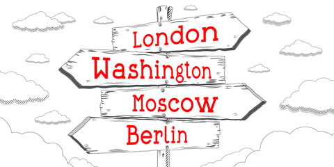 London, Washington, Moscow, Berlin - outline signpost with four arrows