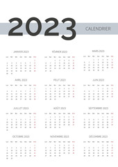 Colorful year 2023 calendar, in French language isolated on white background. Vector template.	