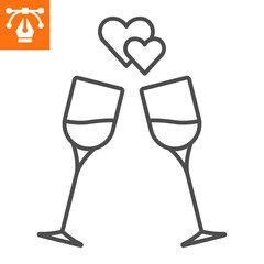 Two glasses wine line icon, outline style icon for web site or mobile app, valentines day and celebrate, cheers vector icon, simple vector illustration, vector graphics with editable strokes.